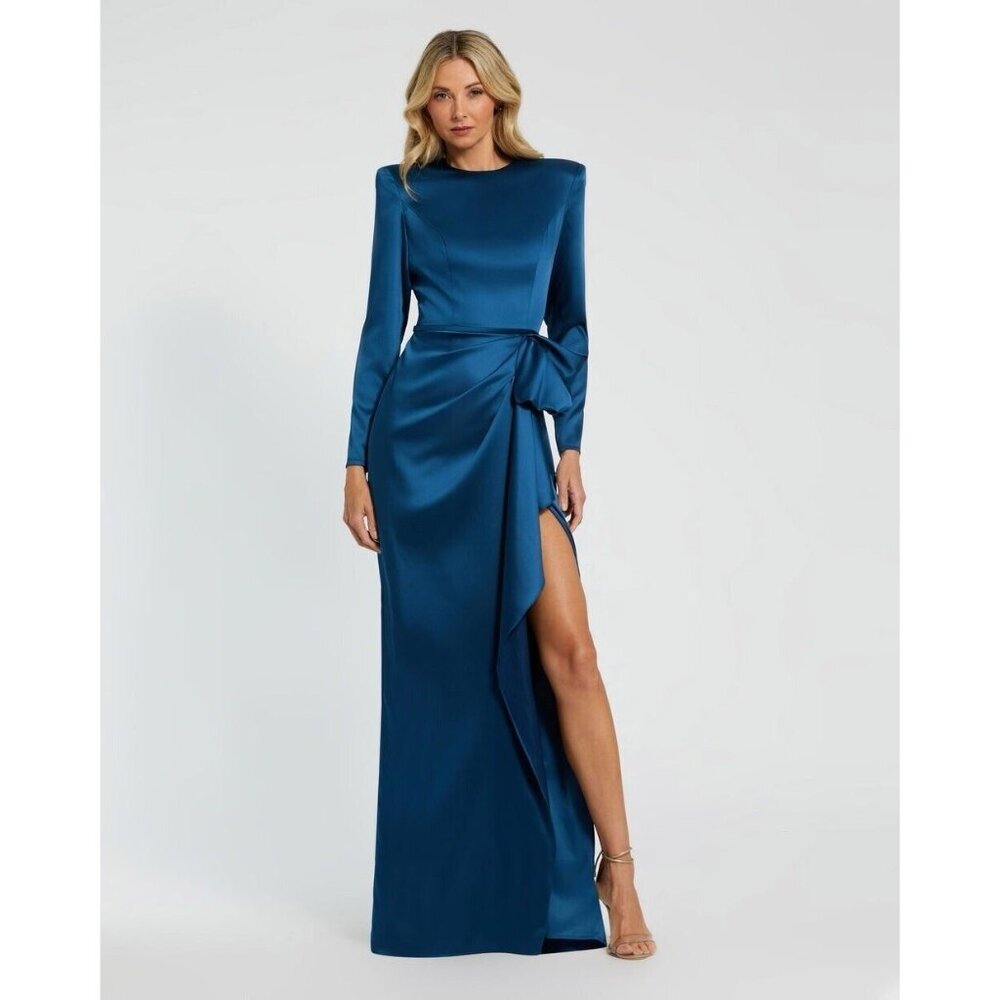 Mac Duggal Size 8 Blue 26676 Long Sleeve Satin Bow Draped Cocktail Gown Dress